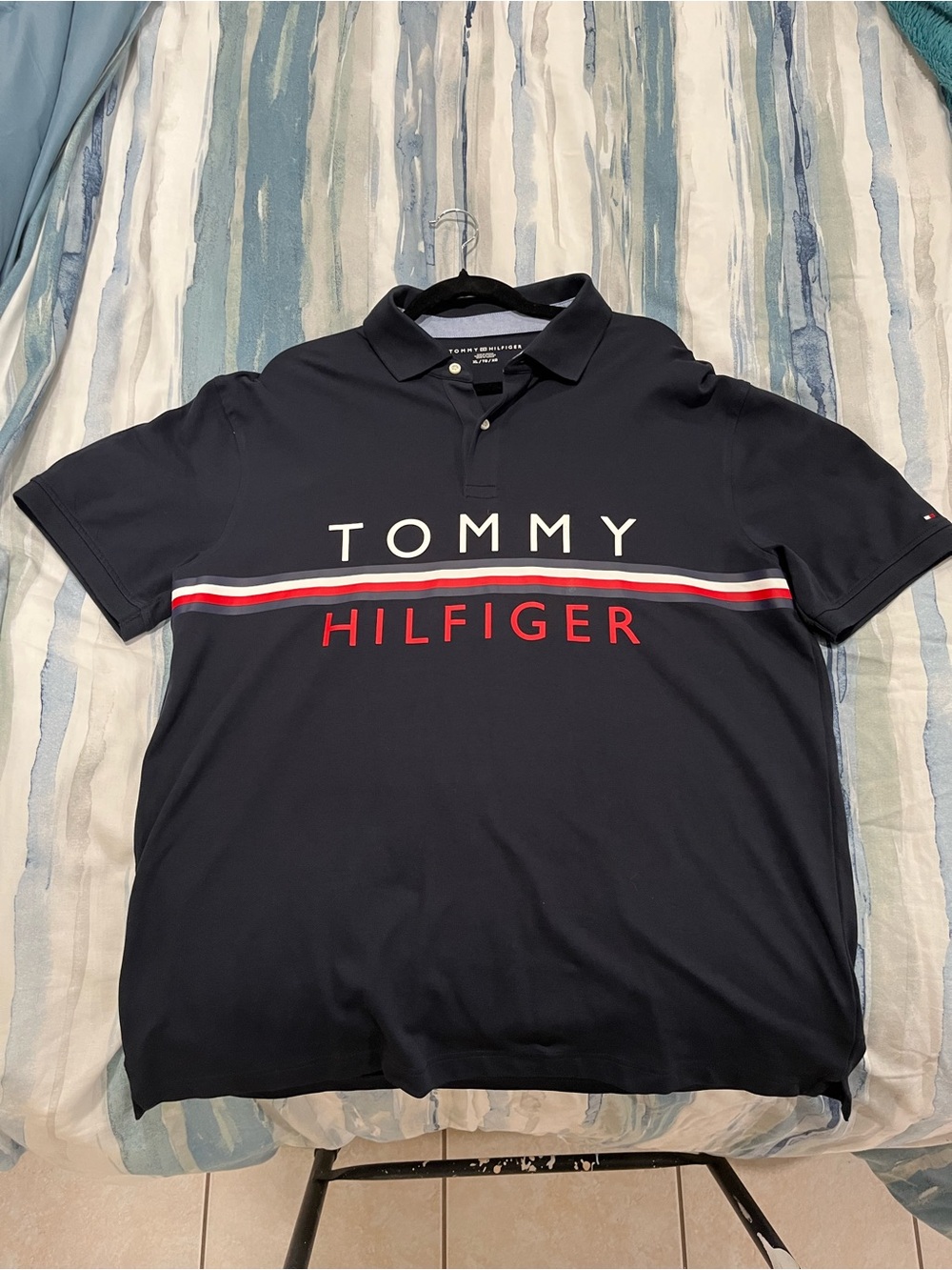 Tommy Hilfiger Navy Polo with Red and White Chest Stripe XL